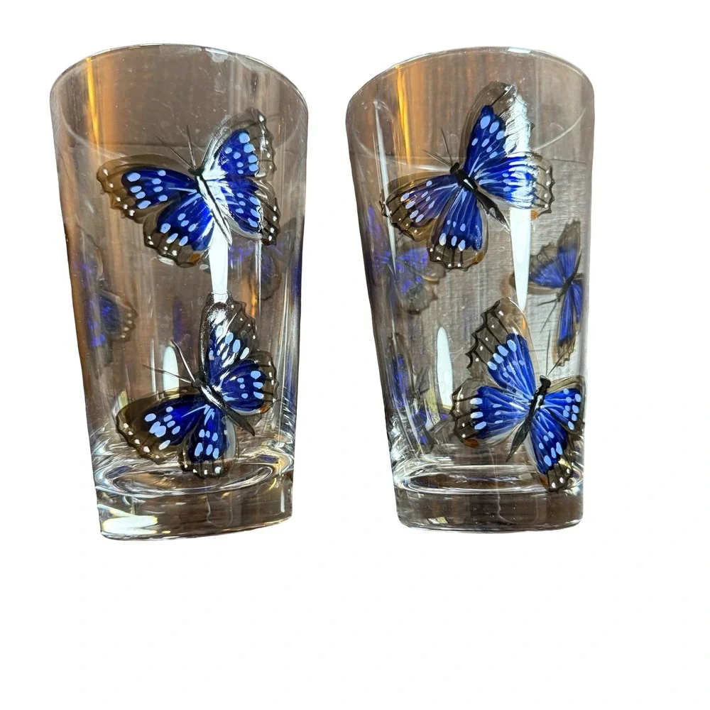 Painted Blue Butterfly Set‎ of 2 Nature Inspired Drinking Pint Glasses Fairycore